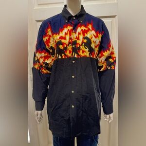 Express Rider Vintage Flame Border Button-Up Shirt in Black, Red, Yellow Sz M